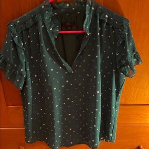 Teal Green J Crew Polka Dot Ruffle Sleeve V-Neck Blouse